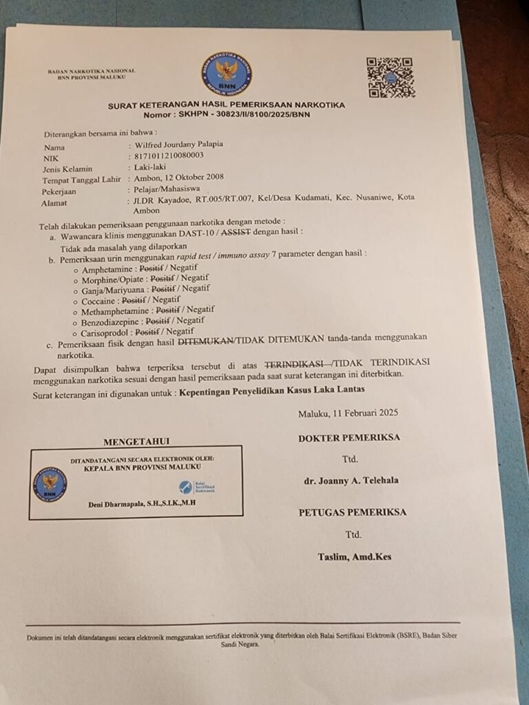 Hasil Tes BNN, Jordan Palapia Bebas Narkotika